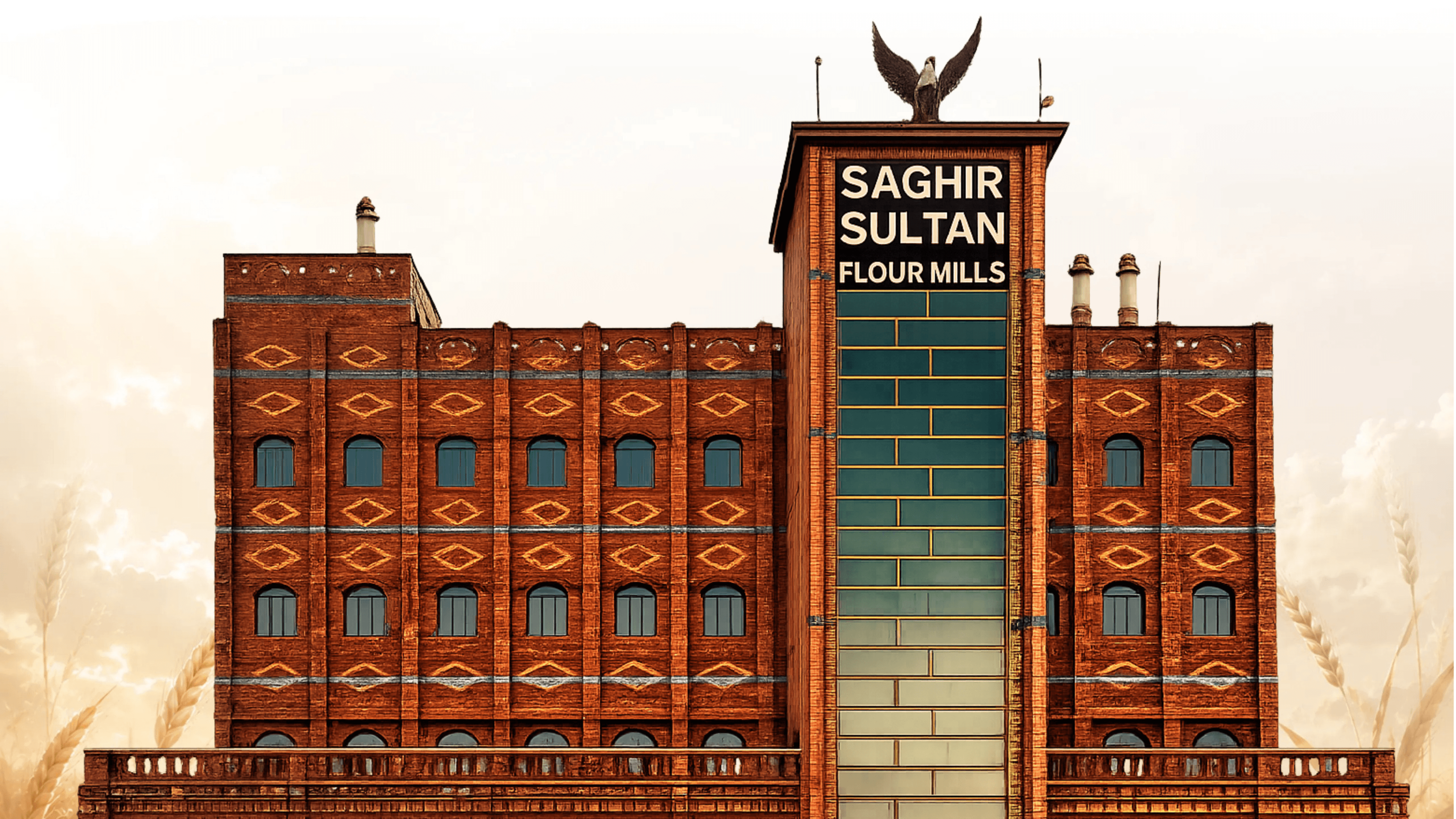 The Saghir Sultan Flour Mills building, a red-brick mill with the company name on its central tower.