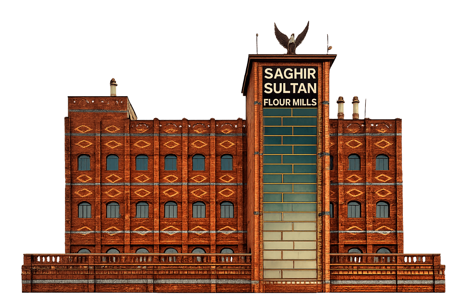 The Saghir Sultan Flour Mills building, a red-brick mill with the company name on its central tower.