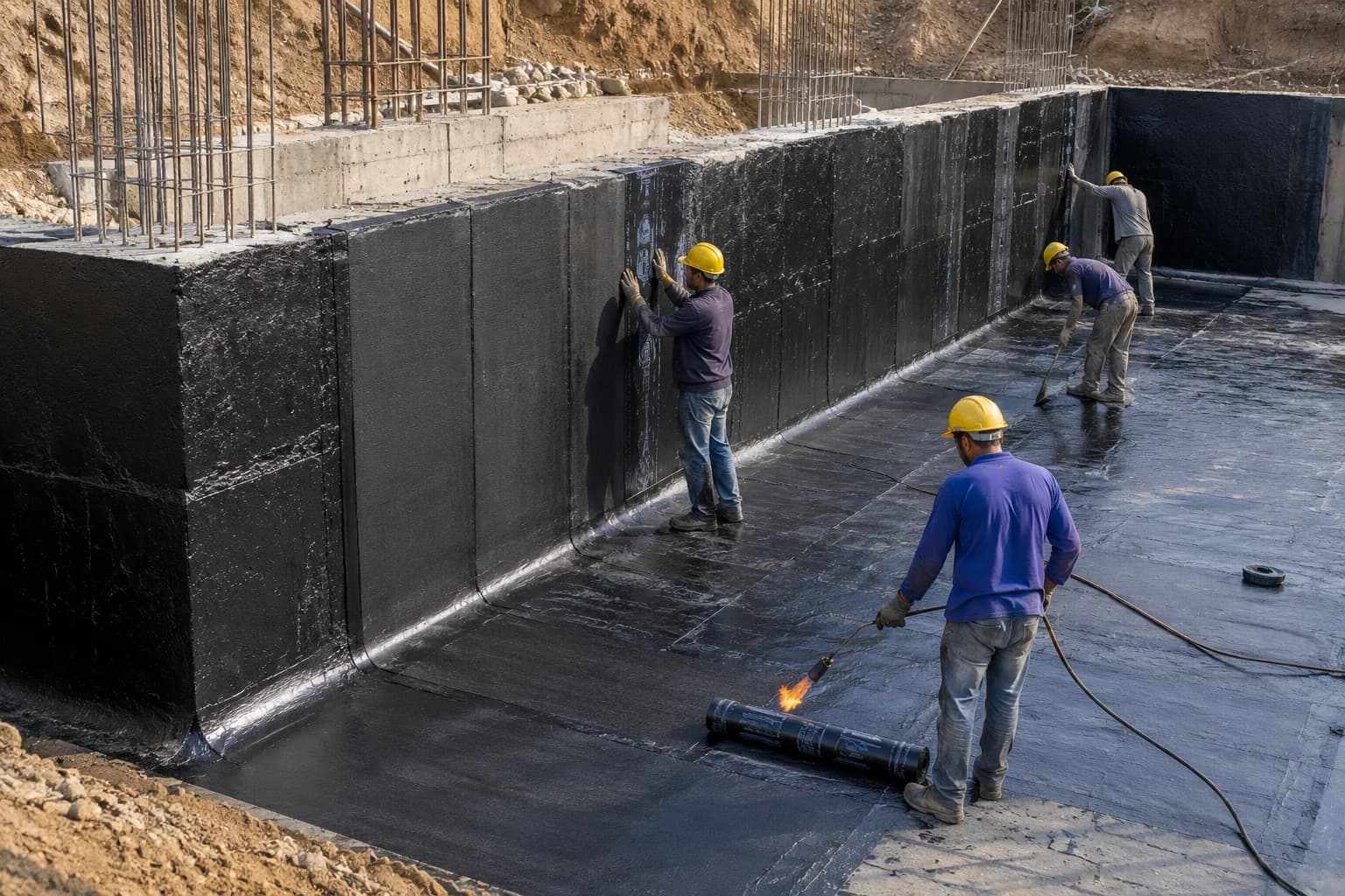 Waterproofing crew applying a torch-on membrane to a foundation wall and slab on a construction site.